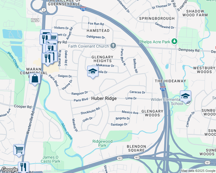 map of restaurants, bars, coffee shops, grocery stores, and more near 3644 Paris Boulevard in Westerville