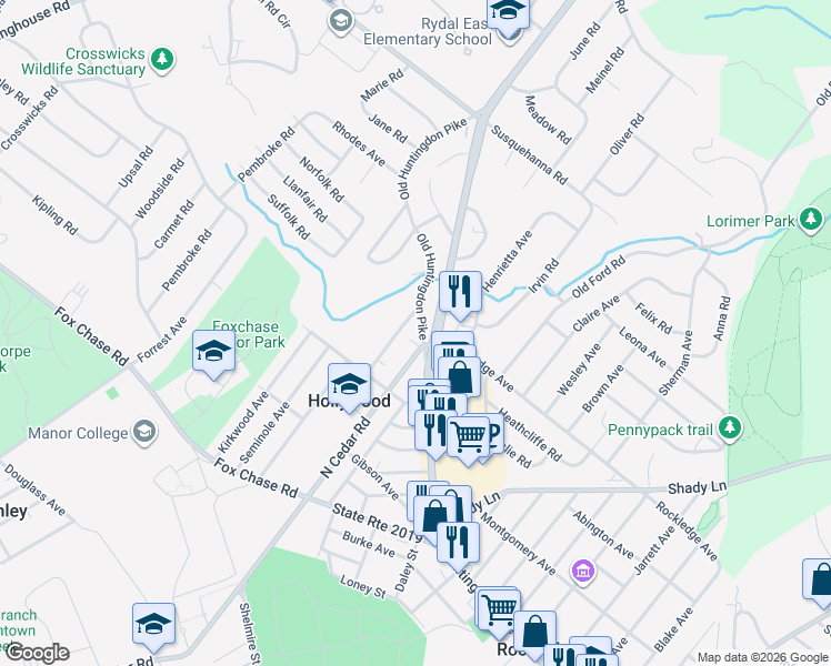 map of restaurants, bars, coffee shops, grocery stores, and more near 848 Old Huntingdon Pike in Montgomery County