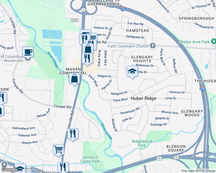 map of restaurants, bars, coffee shops, grocery stores, and more near 3501 Canberra Court in Westerville