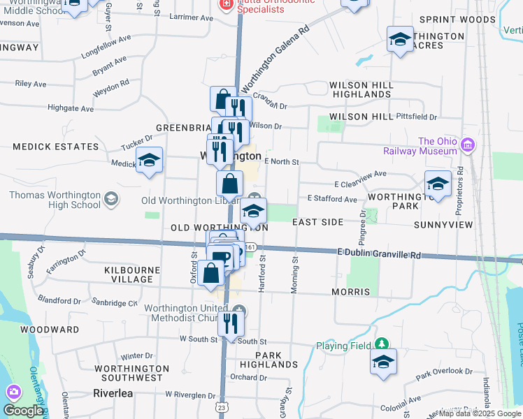 map of restaurants, bars, coffee shops, grocery stores, and more near 809 Hartford St in Worthington