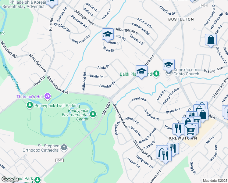map of restaurants, bars, coffee shops, grocery stores, and more near 8602 Verree Road in Philadelphia