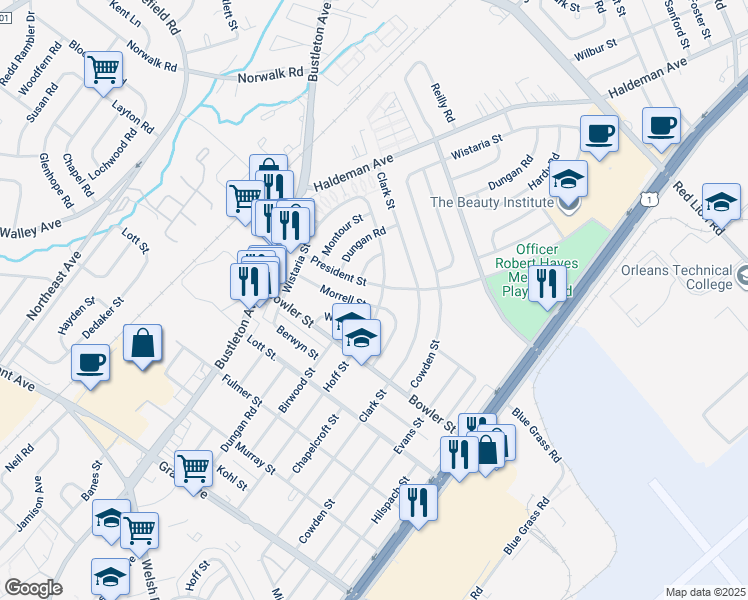 map of restaurants, bars, coffee shops, grocery stores, and more near 1959 Morrell Street in Philadelphia