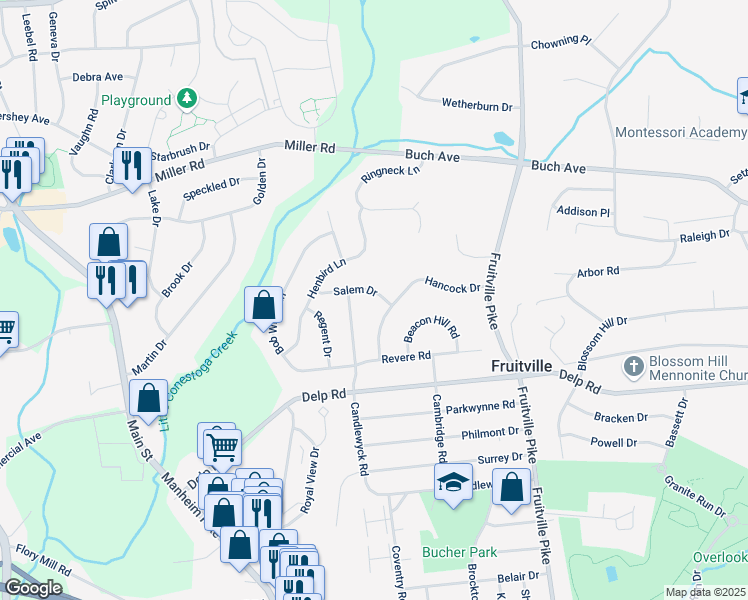 map of restaurants, bars, coffee shops, grocery stores, and more near 470 Salem Drive in Lancaster