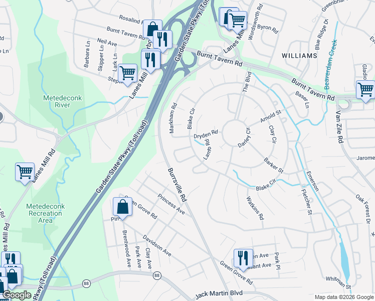 map of restaurants, bars, coffee shops, grocery stores, and more near 44 Patmore Road in Brick Township