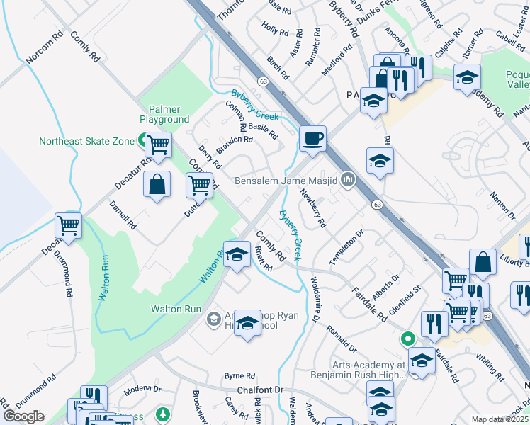 map of restaurants, bars, coffee shops, grocery stores, and more near 11849B Academy Road in Philadelphia