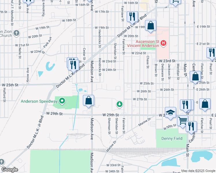 map of restaurants, bars, coffee shops, grocery stores, and more near 924 Sun Valley Drive in Anderson