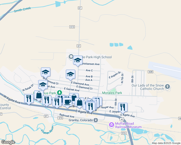 map of restaurants, bars, coffee shops, grocery stores, and more near 340 Avenue C in Granby