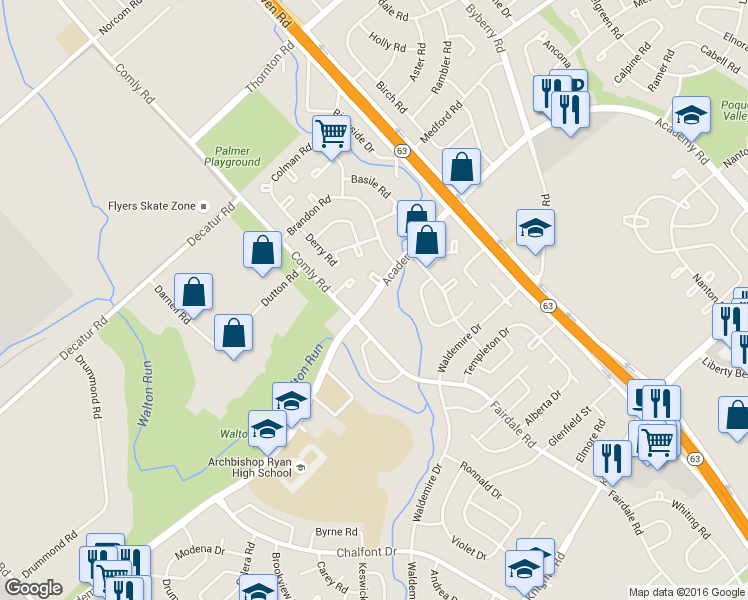 map of restaurants, bars, coffee shops, grocery stores, and more near 11849B Academy Road in Philadelphia