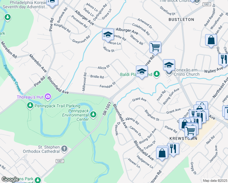 map of restaurants, bars, coffee shops, grocery stores, and more near 8602 Verree Road in Philadelphia