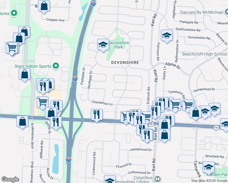 map of restaurants, bars, coffee shops, grocery stores, and more near 6065 Tiverton Square West in Columbus