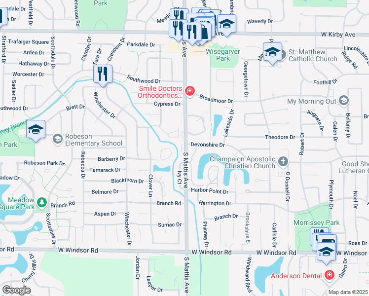 map of restaurants, bars, coffee shops, grocery stores, and more near 2005 South Mattis Avenue in Champaign