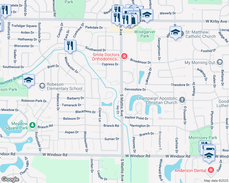 map of restaurants, bars, coffee shops, grocery stores, and more near 1915 Barberry Circle in Champaign
