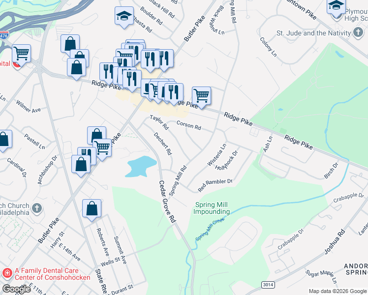 map of restaurants, bars, coffee shops, grocery stores, and more near 41 Taylor Road in Conshohocken