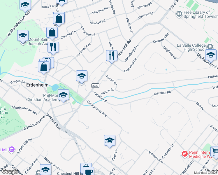 map of restaurants, bars, coffee shops, grocery stores, and more near 8905 Patton Road in Wyndmoor