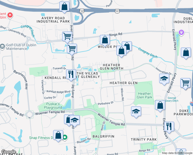 map of restaurants, bars, coffee shops, grocery stores, and more near 6107 Innovation Drive in Dublin