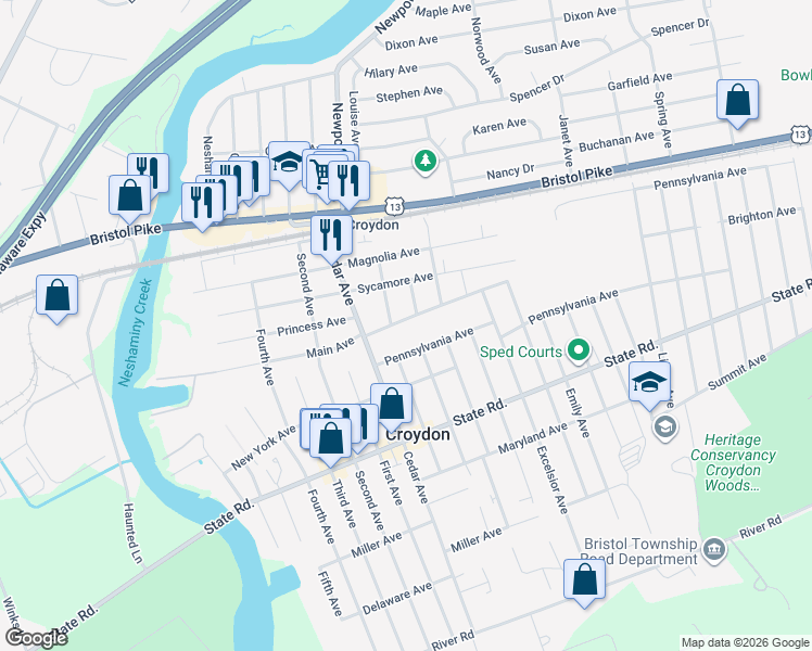 map of restaurants, bars, coffee shops, grocery stores, and more near 916 Main Avenue in Croydon