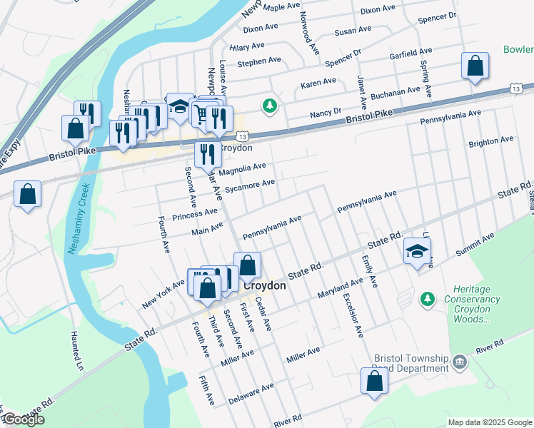 map of restaurants, bars, coffee shops, grocery stores, and more near 1000 Main Avenue in Croydon