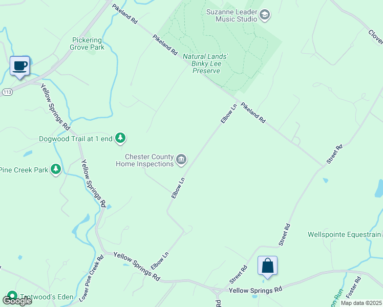 map of restaurants, bars, coffee shops, grocery stores, and more near 1373 Elbow Lane in Chester Springs
