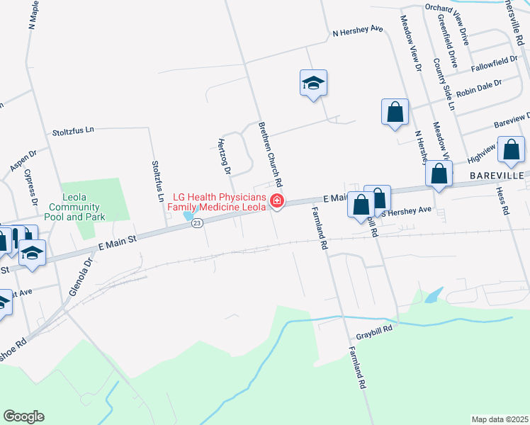 map of restaurants, bars, coffee shops, grocery stores, and more near 2 Stauffer Court in Leola