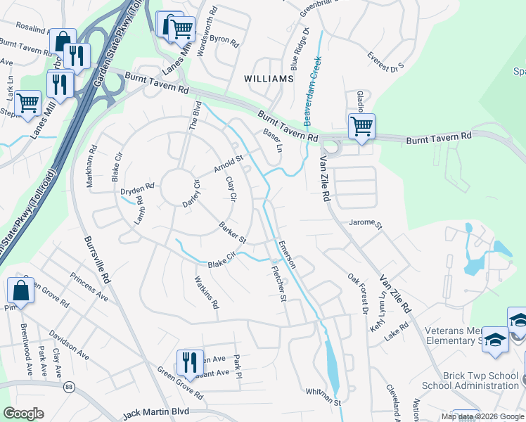 map of restaurants, bars, coffee shops, grocery stores, and more near 110 Whittier Road in Brick Township