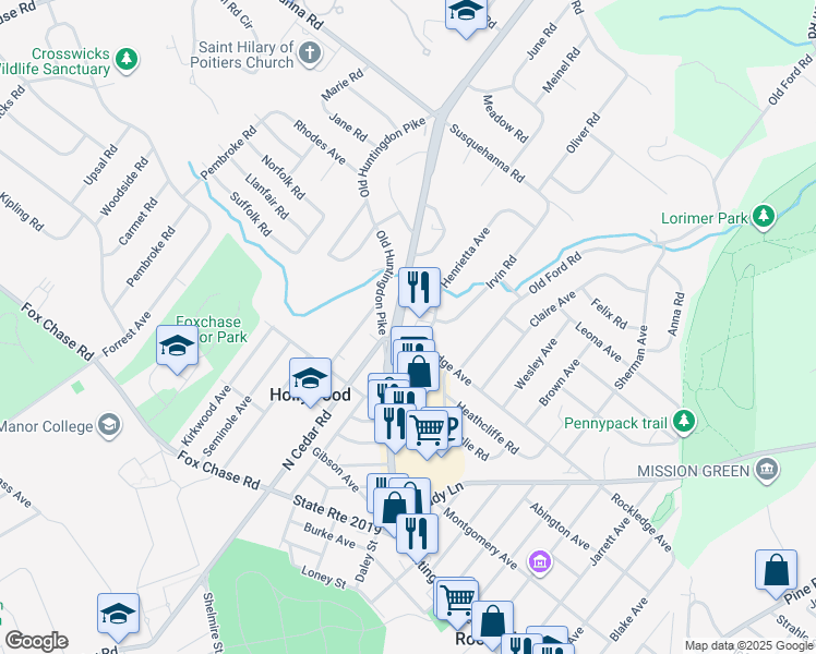 map of restaurants, bars, coffee shops, grocery stores, and more near 907 Huntingdon Pike in Montgomery County