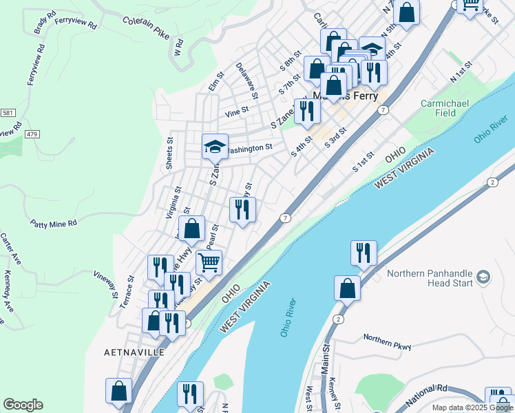 map of restaurants, bars, coffee shops, grocery stores, and more near 803 South 4th Street in Martins Ferry
