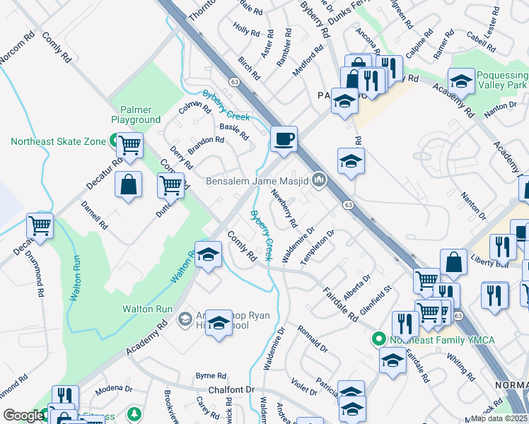 map of restaurants, bars, coffee shops, grocery stores, and more near 3626 Salina Road in Philadelphia