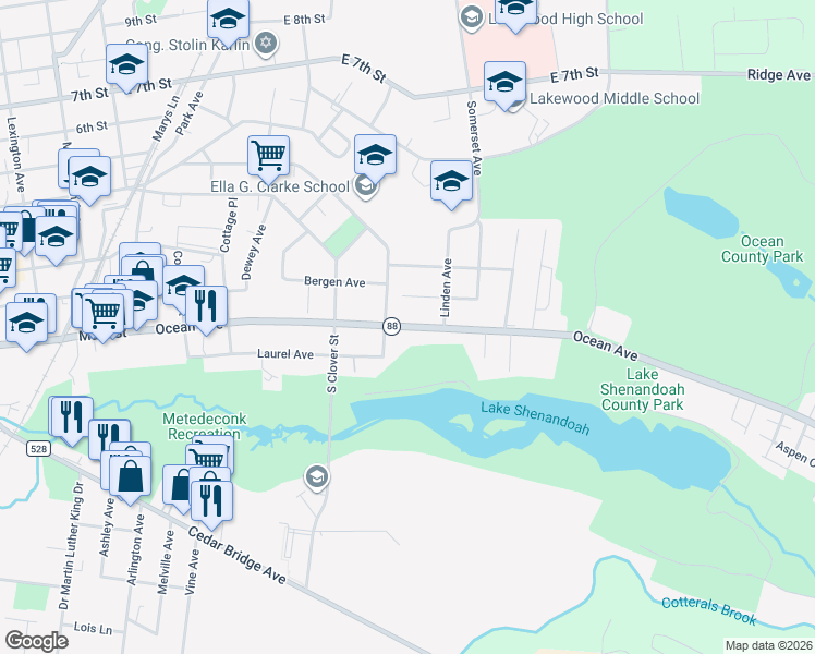 map of restaurants, bars, coffee shops, grocery stores, and more near 516 Ocean Avenue in Lakewood Township