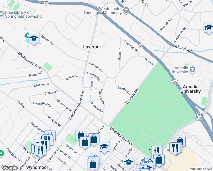 map of restaurants, bars, coffee shops, grocery stores, and more near 1708 Hillcrest Road in Laverock