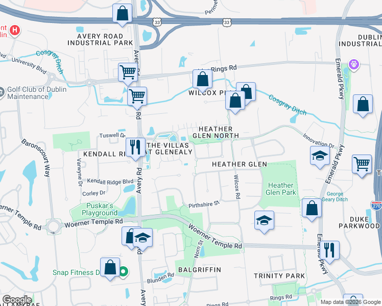 map of restaurants, bars, coffee shops, grocery stores, and more near 6107 Innovation Drive in Dublin