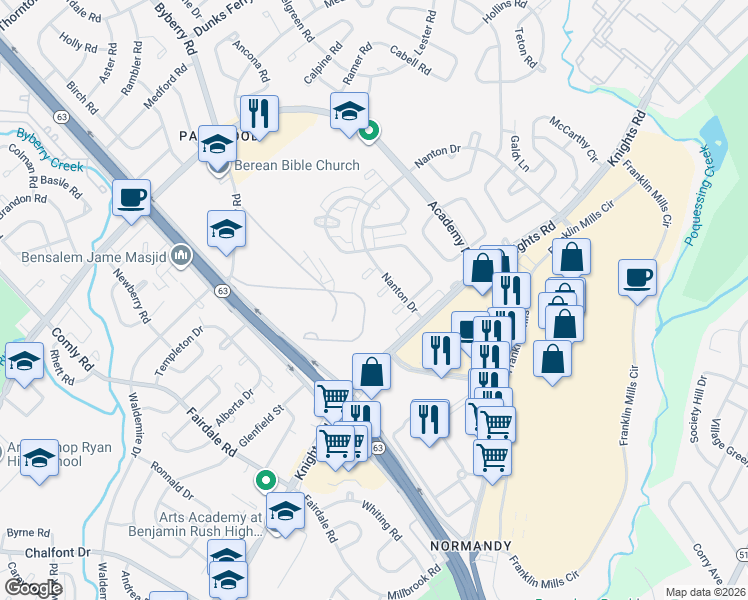 map of restaurants, bars, coffee shops, grocery stores, and more near 3610 Nanton Place in Philadelphia