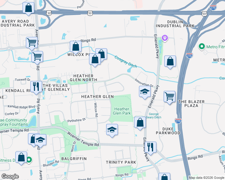 map of restaurants, bars, coffee shops, grocery stores, and more near 5836 Oldenburgh Way in Dublin