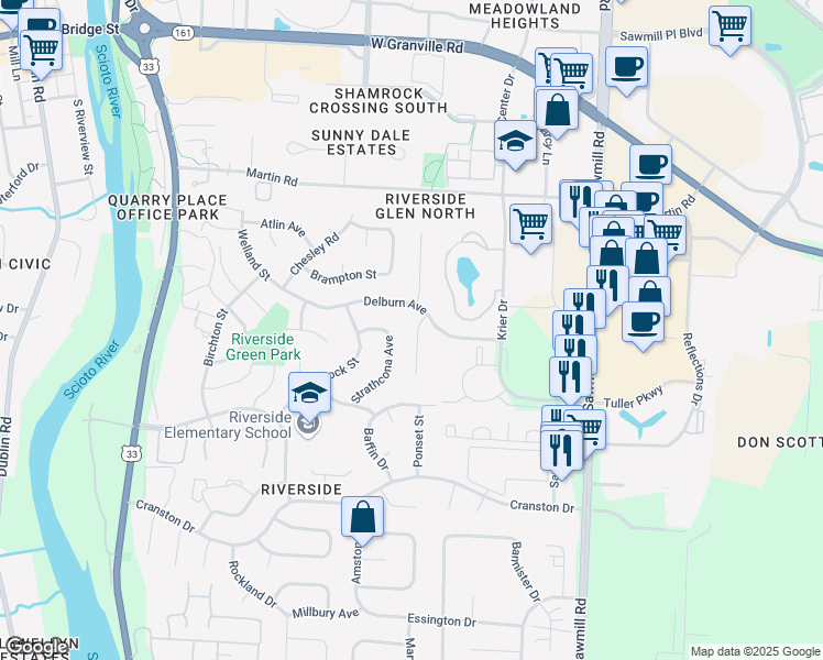 map of restaurants, bars, coffee shops, grocery stores, and more near 6657 Delburn Court in Dublin