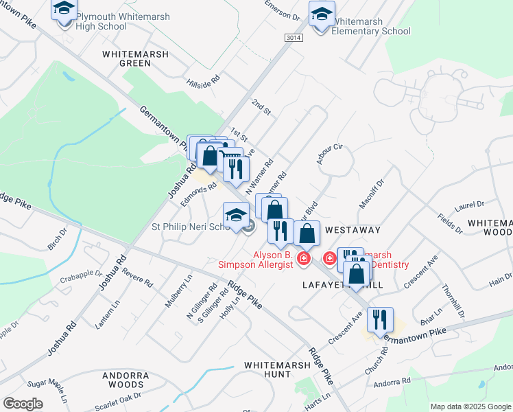 map of restaurants, bars, coffee shops, grocery stores, and more near 451 Germantown Pike in Lafayette Hill