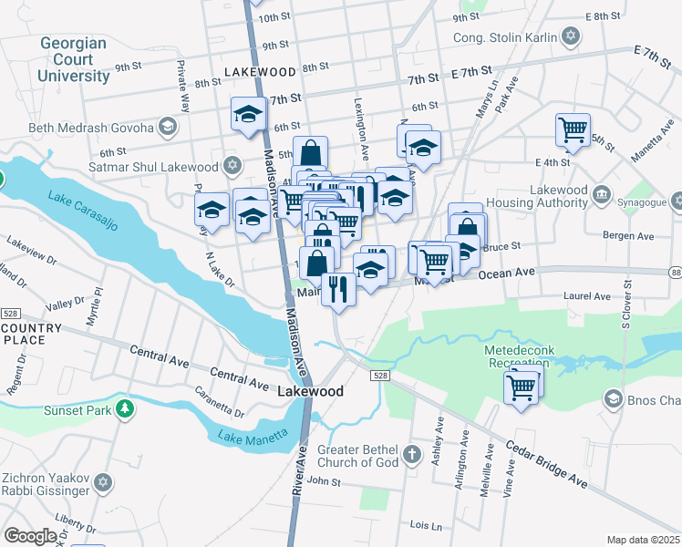 map of restaurants, bars, coffee shops, grocery stores, and more near in Lakewood