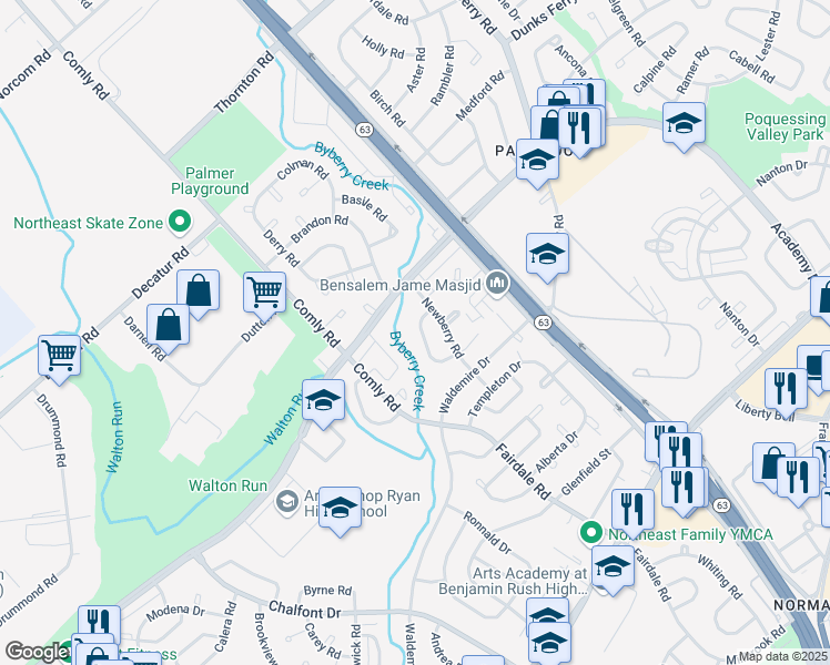 map of restaurants, bars, coffee shops, grocery stores, and more near 3626 Salina Road in Philadelphia