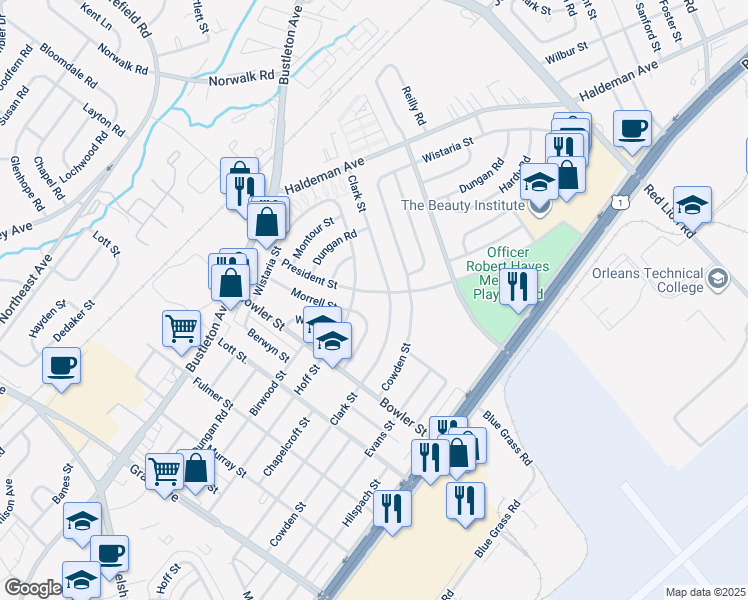 map of restaurants, bars, coffee shops, grocery stores, and more near 2012 President Street in Philadelphia