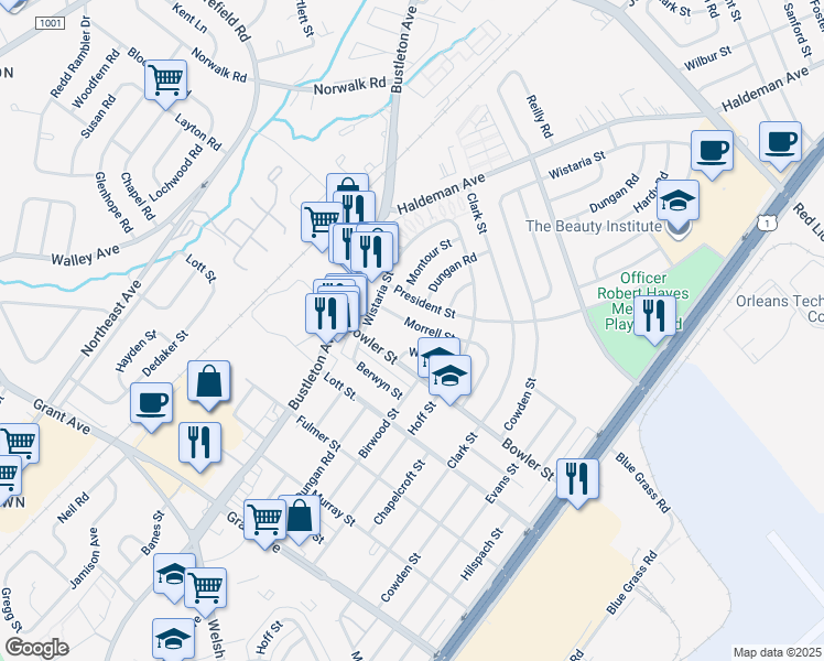 map of restaurants, bars, coffee shops, grocery stores, and more near 1926 Morrell Street in Philadelphia