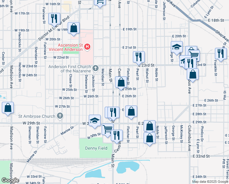 map of restaurants, bars, coffee shops, grocery stores, and more near 2510 Main Street in Anderson