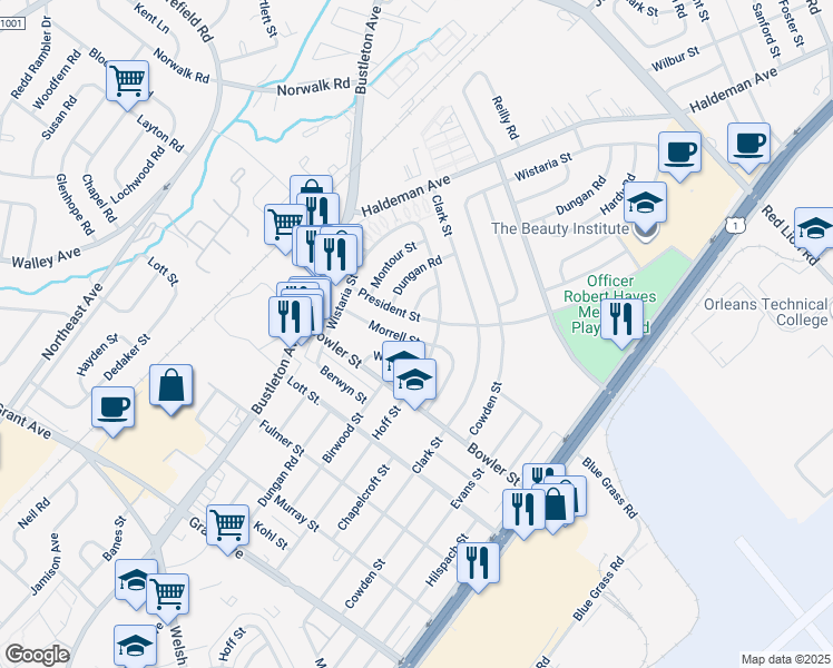 map of restaurants, bars, coffee shops, grocery stores, and more near 1951 Morrell Street in Philadelphia