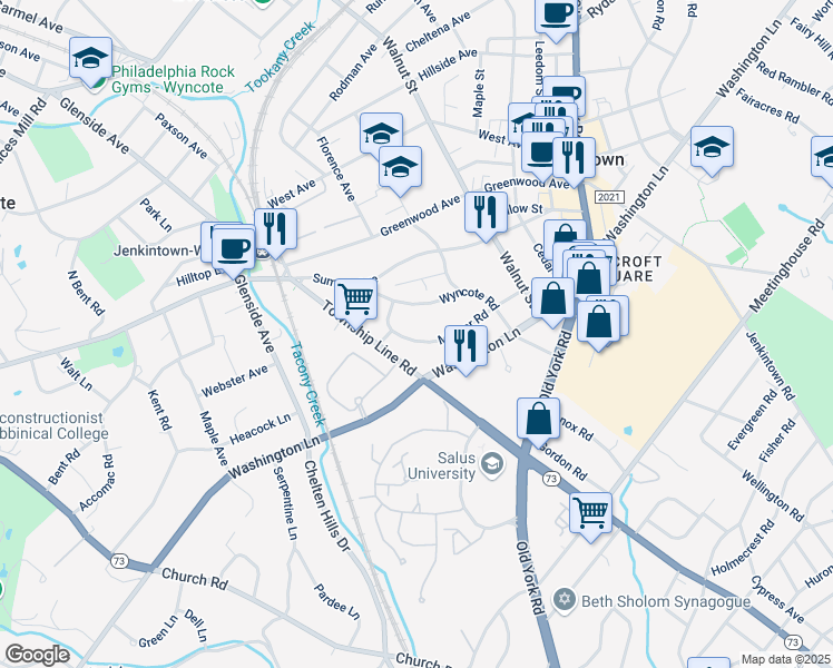 map of restaurants, bars, coffee shops, grocery stores, and more near 219 Mather Road in Jenkintown