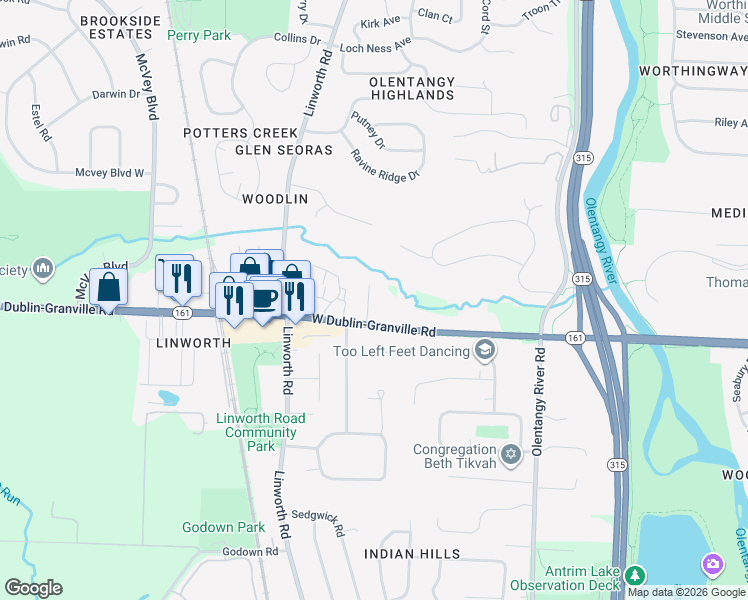 map of restaurants, bars, coffee shops, grocery stores, and more near 6464 Bellbrook Place in Worthington