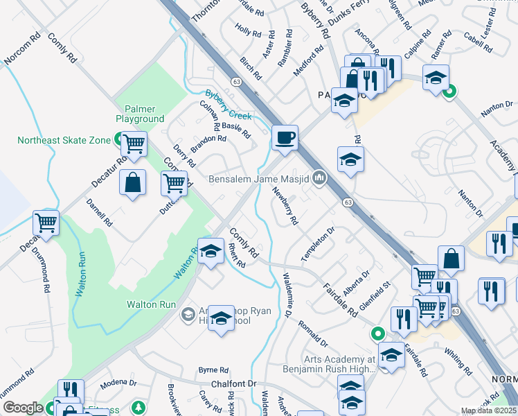 map of restaurants, bars, coffee shops, grocery stores, and more near 11901-13 Academy Place in Philadelphia