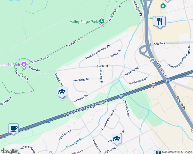 map of restaurants, bars, coffee shops, grocery stores, and more near 1650 Weedon Road in Wayne