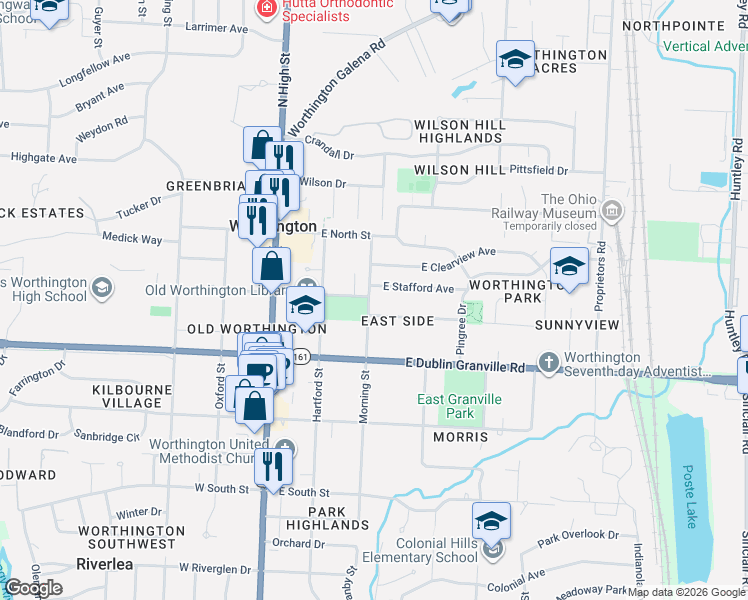 map of restaurants, bars, coffee shops, grocery stores, and more near 154 Franklin Avenue in Worthington