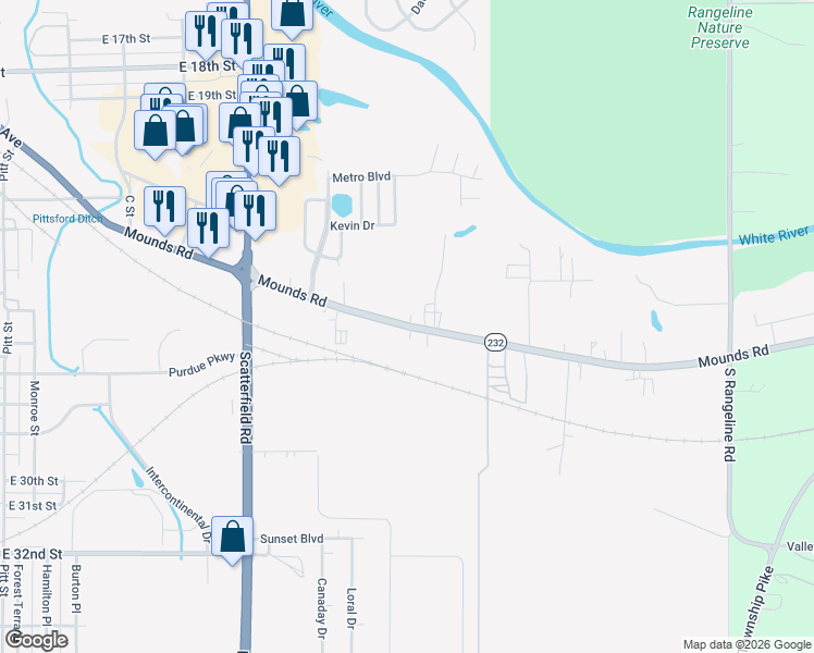 map of restaurants, bars, coffee shops, grocery stores, and more near 2517 Mounds Road in Anderson