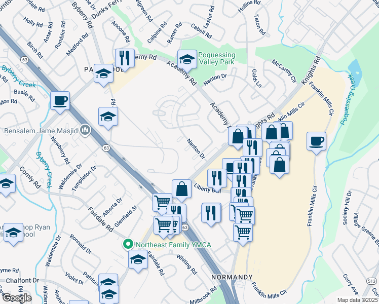 map of restaurants, bars, coffee shops, grocery stores, and more near 3622 Nanton Place in Philadelphia