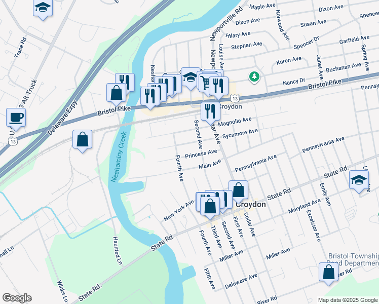 map of restaurants, bars, coffee shops, grocery stores, and more near 521 Princess Avenue in Croydon
