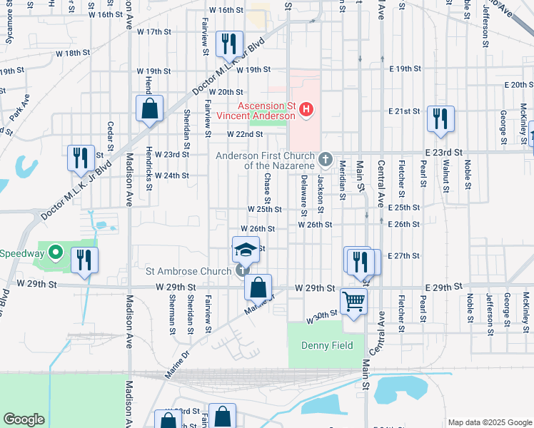 map of restaurants, bars, coffee shops, grocery stores, and more near 2519 Brown Street in Anderson