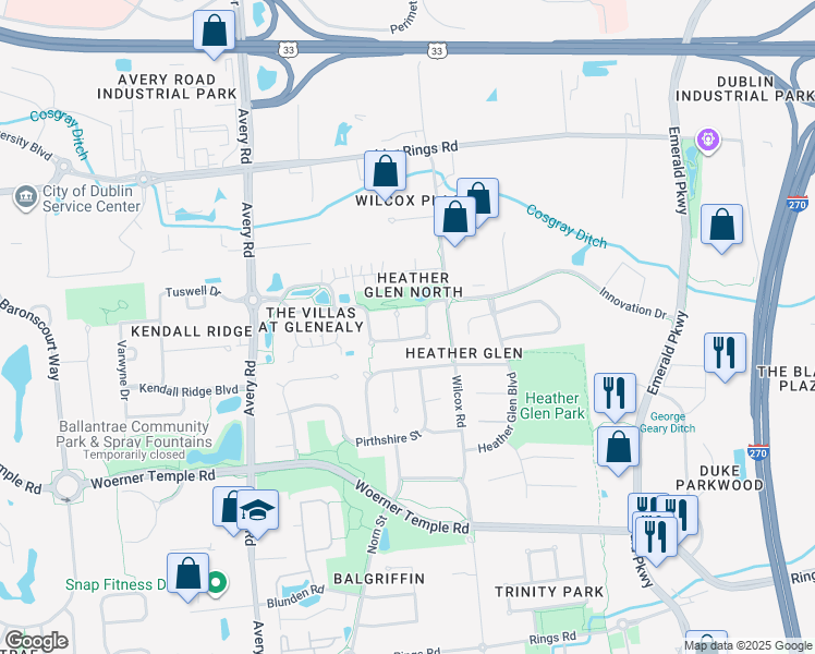 map of restaurants, bars, coffee shops, grocery stores, and more near 5902 Innovation Court in Dublin